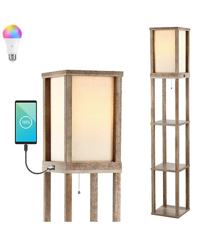 Etagere 63.5" Rustic Bohemian Wooden Led 3-Shelf Floor Lamp with Pull-Chain, Usb Charging Port and Smart Bulb