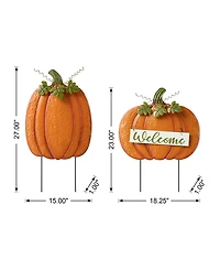 Glitzhome Fall Metal Embossed Glitter Pumpkin Yard Stake Or Porch Decor, Set of 2
