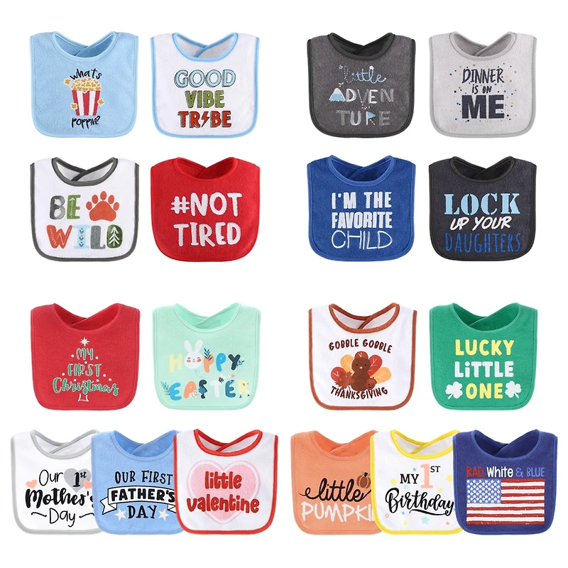 The Peanutshell Baby Girls Unisex Terry Bibs, 18 Pack for Feeding, Teething, or Drooling, Neutrals and Holiday Theme
