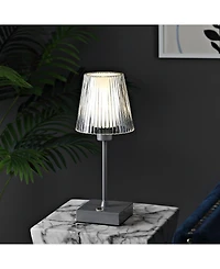 Oscar 12.5" Modern Industrial Rechargeable, Cordless Iron, Acrylic Integrated Led Table Lamp with Ribbed Shade