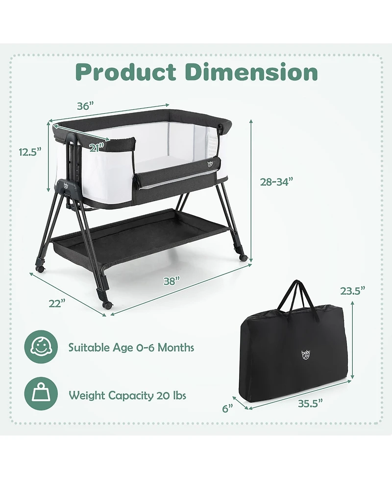 Costway Baby Bedside Sleeper Bassinet with Wheels & Storage Tray Folding Adjustable Crib