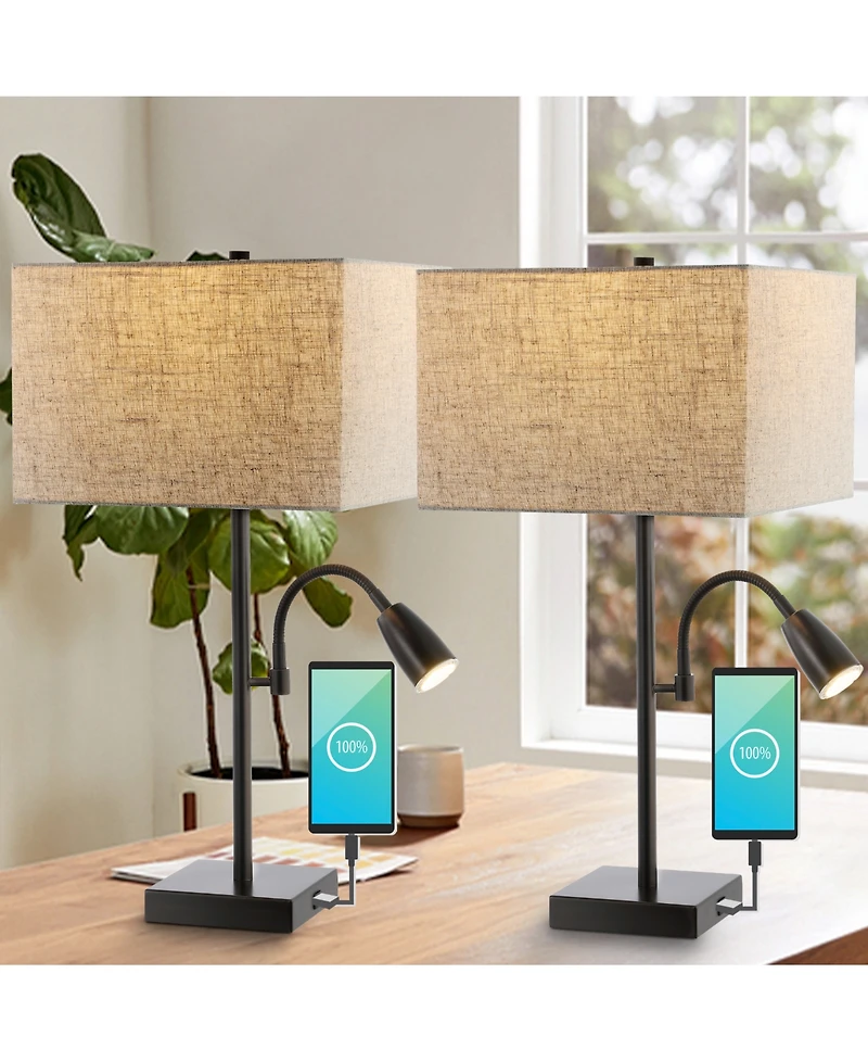 Austin 25.5" 2-Light Farmhouse Industrial Iron Led Table Lamp with Usb Charging Port and Adjustable Reading Light, Set of 2
