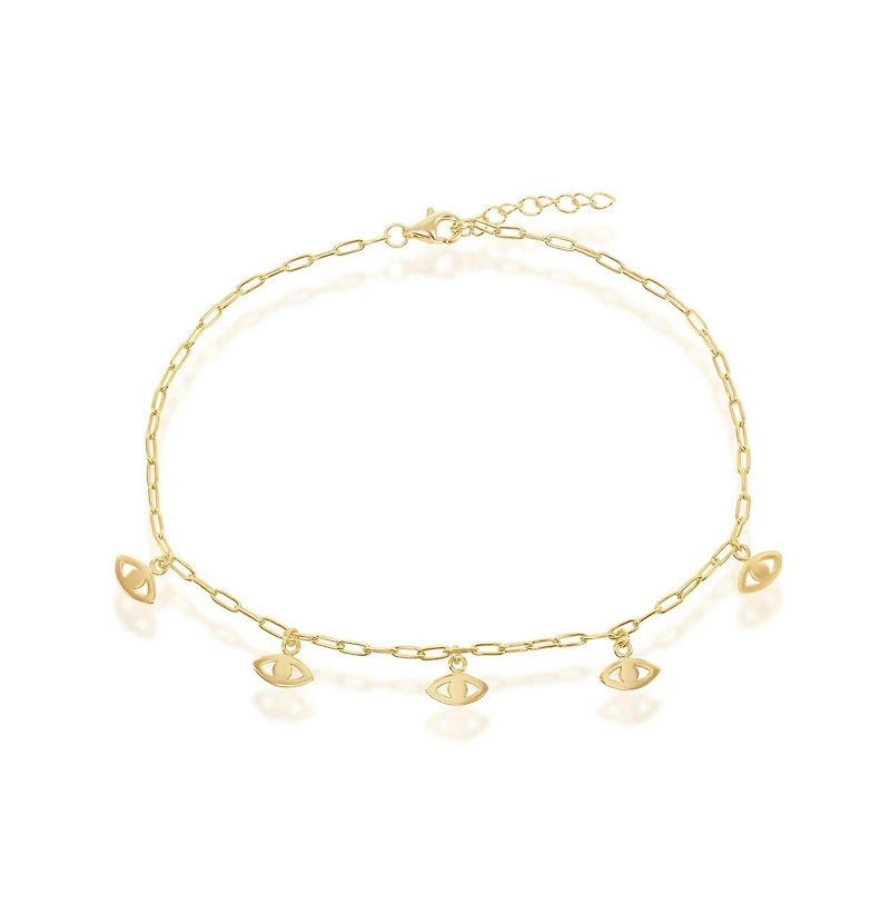 Simona Sterling Silver Evil Eye Charms Paperclip Anklet - Gold Plated