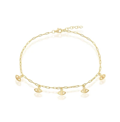 Simona Sterling Silver Evil Eye Charms Paperclip Anklet - Gold Plated