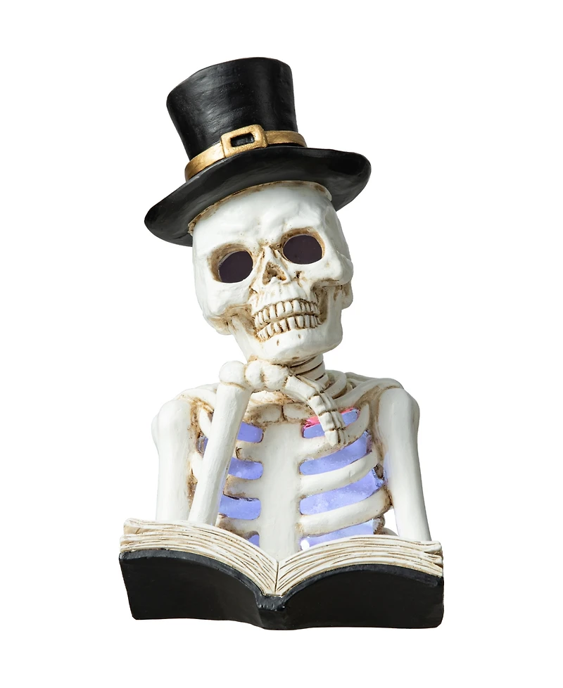 Glitzhome 10.25" H Halloween Lighted Resin Skull Reading Book Table Decor