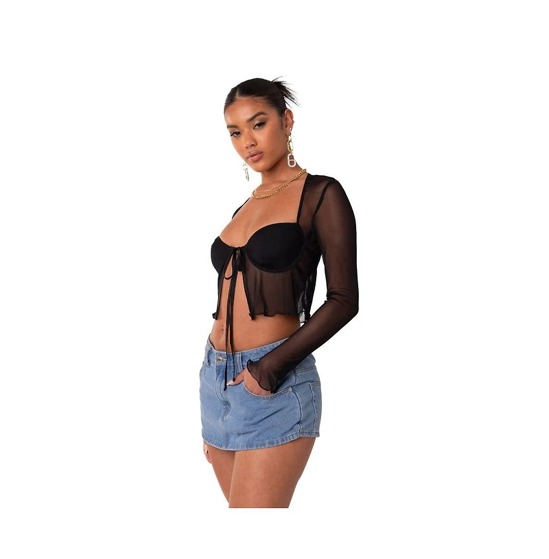 Women's Long Sleeve Mesh Top With Cups & Tie At Front
