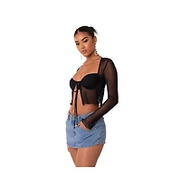 Women's Long Sleeve Mesh Top With Cups & Tie At Front