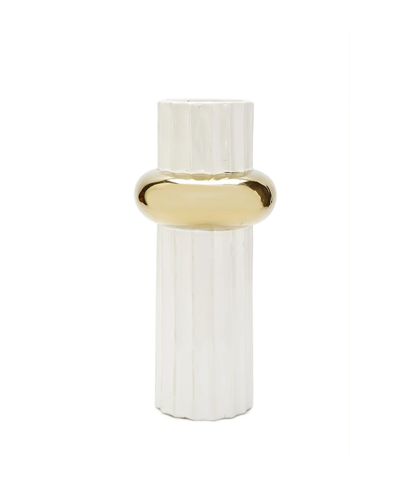 White Ripple Design Vase with Gold-Tone Ring 12"