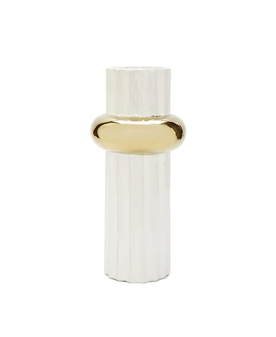 White Ripple Design Vase with Gold-Tone Ring 12"