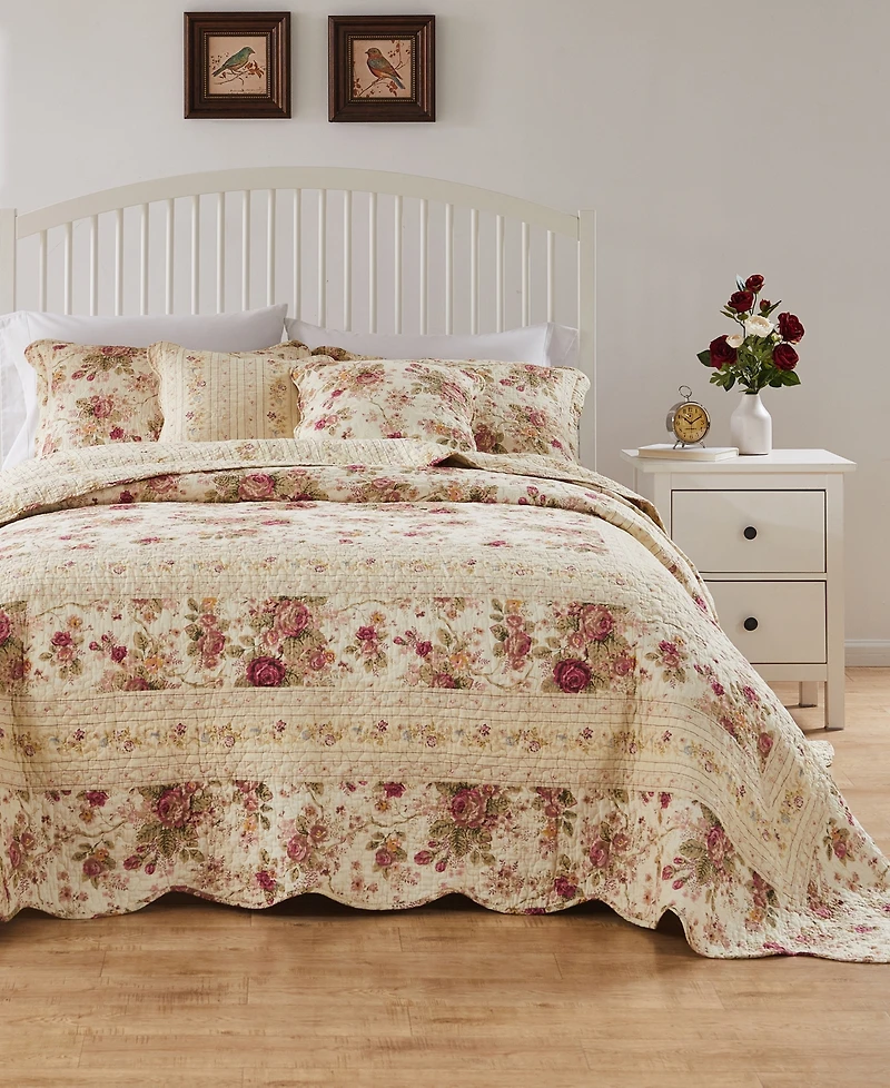 Greenland Home Fashions Antique-Like Rose 100% Cotton Traditional 3 Piece Bedspread Set, Queen