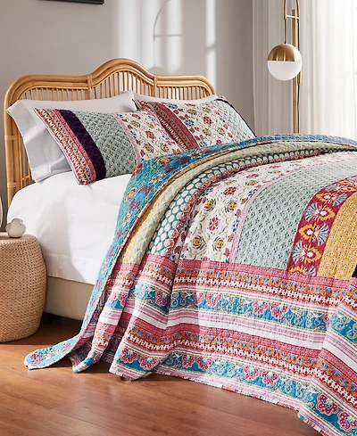 Greenland Home Fashions Thalia Boho Style Velvet-Embellished Cotton 3 Piece Bedspread Set, Queen