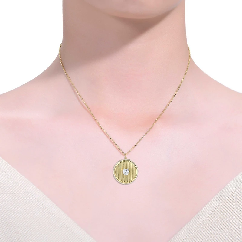14k Gold Plated with Cubic Zirconia Heart Medallion Pendant Necklace