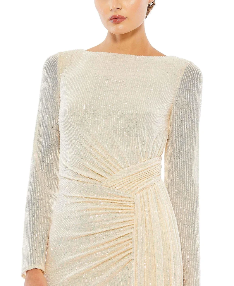 Mac Duggal Women's Ieena Sequined Ruched Long Sleeve Boat Neck Gown