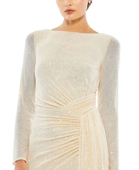 Mac Duggal Women's Ieena Sequined Ruched Long Sleeve Boat Neck Gown