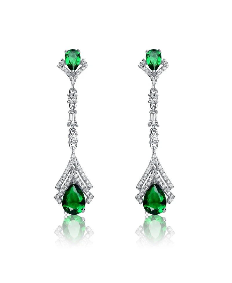 Sterling Silver With White Gold Plated Clear And Green Cubic Zirconia Double Haloed Drop Earrings