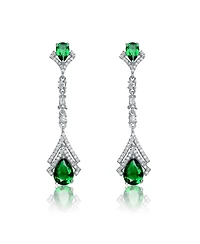 Sterling Silver With White Gold Plated Clear And Green Cubic Zirconia Double Haloed Drop Earrings