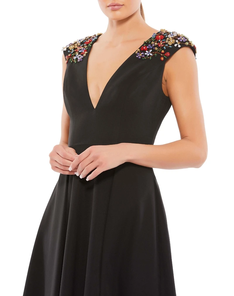 Mac Duggal Women's Ieena Beaded Cap Sleeve A Line Midi Dress