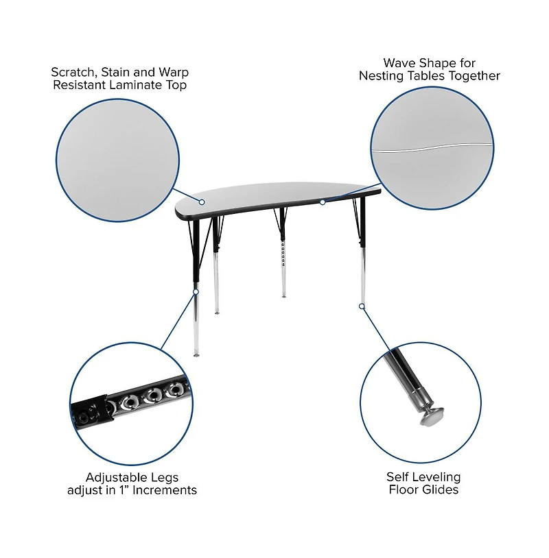 Emma+Oliver 47.5" Half Circle Wave Flexible Collaborative Adjustable Height Activity Table