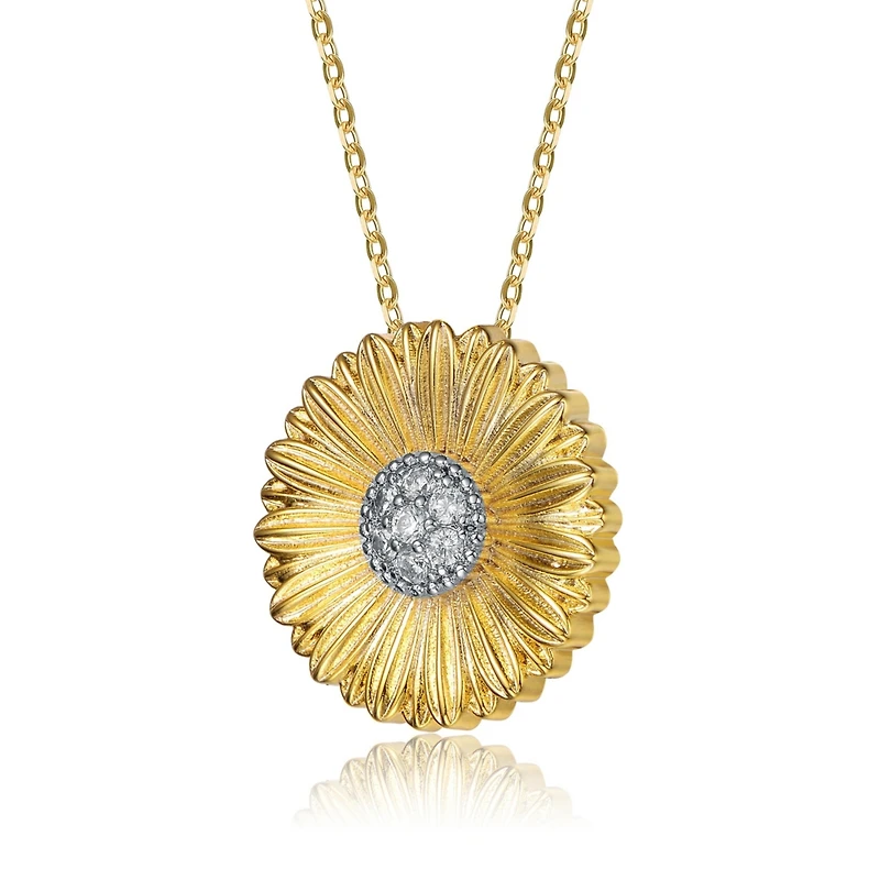 14K Gold Plated Cubic Zirconia Circle Floral Pendant
