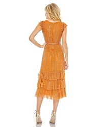 Mac Duggal Women's Sequined Wrap Over Cap Sleeve Ruffle Hem Dress