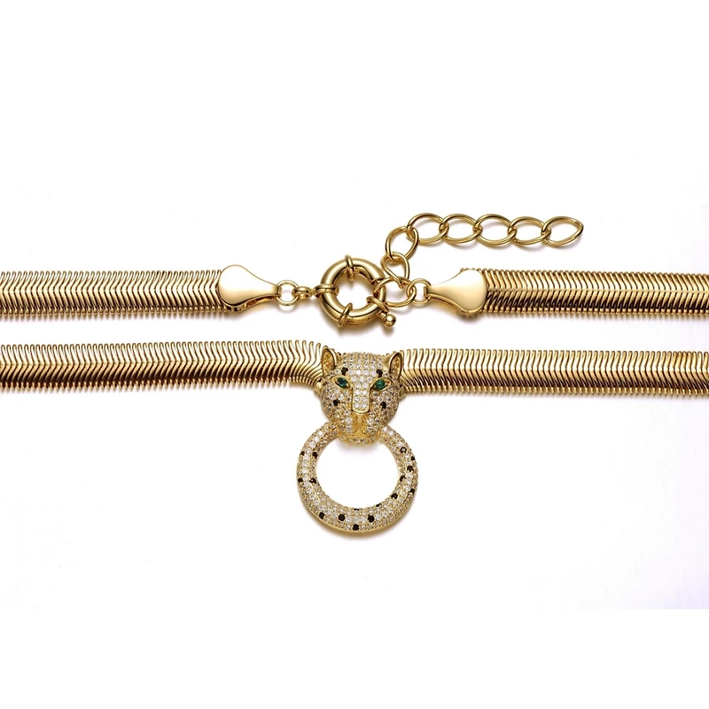 14k Yellow Gold Plated with Green & Cubic Zirconia Panther Head Door Knocker Wire Herringbone Chain Necklace - Adjustable w/ Extension Chain