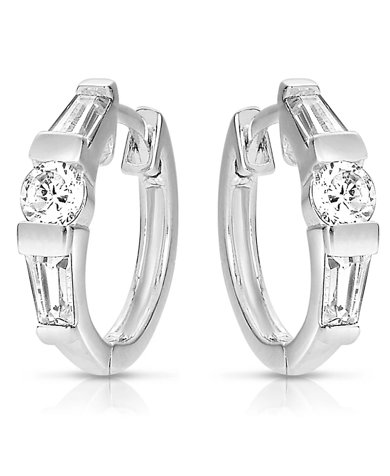 Sterling Silver Cubic Zirconia Huggie White Gold Plated Circle Shape Earrings