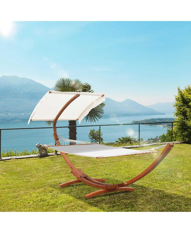 Outsunny 13FT Wooden Arc Hammock with Canopy, Outdoor Hammock Bed with Wood Arc Stand for Patio Balcony Garden Backyard, White