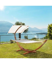 Outsunny 13FT Wooden Arc Hammock with Canopy, Outdoor Hammock Bed with Wood Arc Stand for Patio Balcony Garden Backyard, White