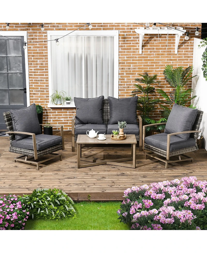 Outsunny Patio Furniture Set, 4 Piece Outdoor Rattan Conversation Set with 2 Armchairs, Cushions, Loveseat Sofa & Coffee Table for Porch, Poolside