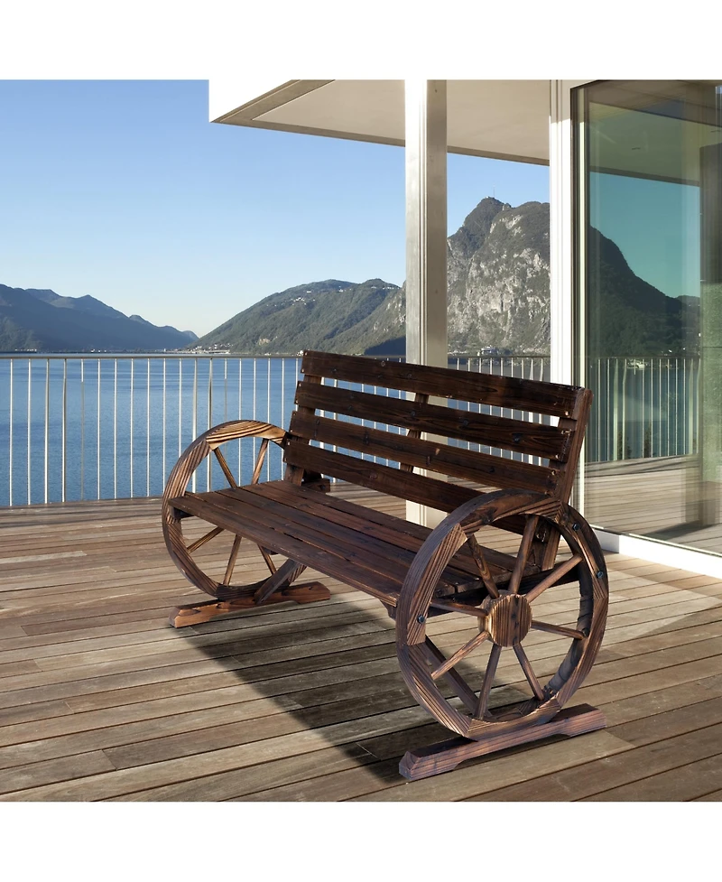 Outsunny Wooden Wagon Wheel Bench, 2-Person W/ Slatted Seat,