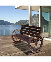 Outsunny Wooden Wagon Wheel Bench, 2-Person W/ Slatted Seat,