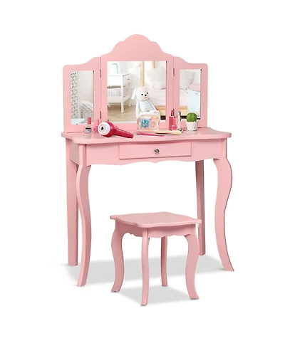 Costway Vanity Table Set Makeup Dressing Kids Stool Mirror