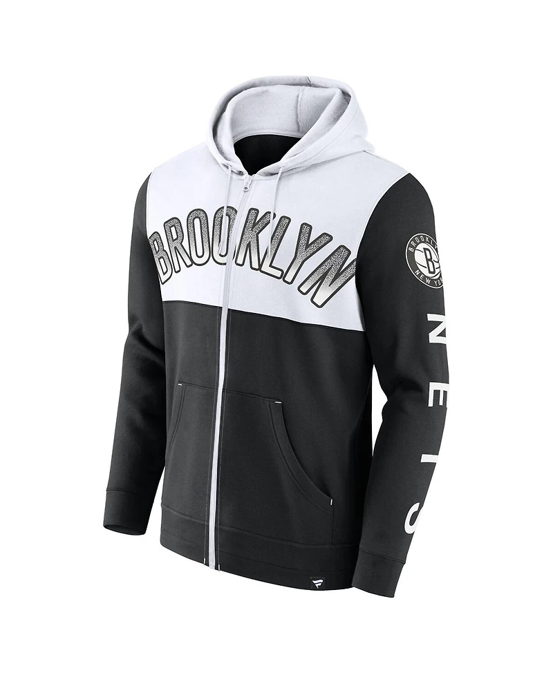 Men's Fanatics Black, White Brooklyn Nets Skyhook Colorblock Full-Zip Hoodie