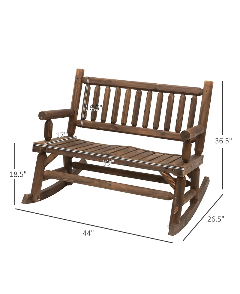 Out sunny 2-Person Wood Rocking Chair with Log Design, Heavy Duty Loveseat with Wide Curved Seats for Patio, Backyard, Garden, Walnut