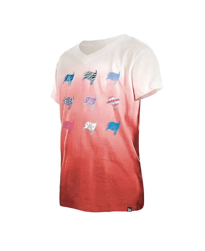 Big Girls New Era Red Tampa Bay Buccaneers Multi Logo Ombre V-Neck T-shirt