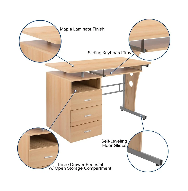 Desk With Three Drawer Single Pedestal And Pull-Out Keyboard Tray