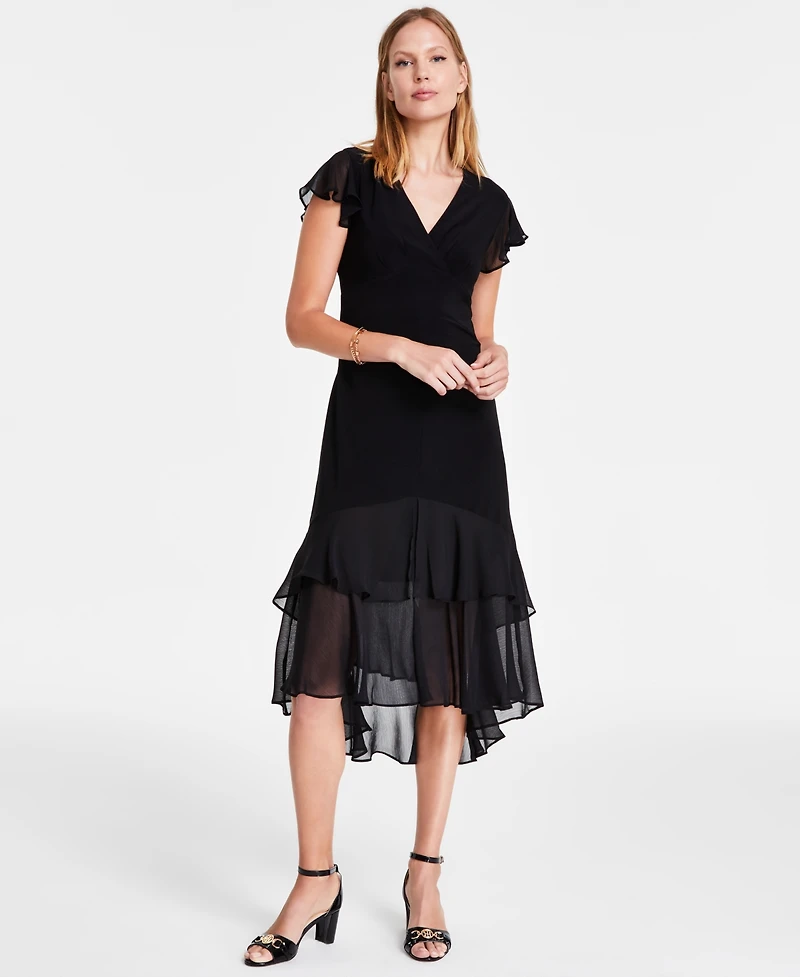 Tommy Hilfiger Women's V-Neck Chiffon-Trim Midi Dress with Flutter Sleeves