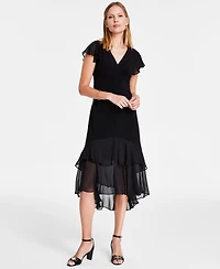 Tommy Hilfiger Women's V-Neck Chiffon-Trim Midi Dress with Flutter Sleeves