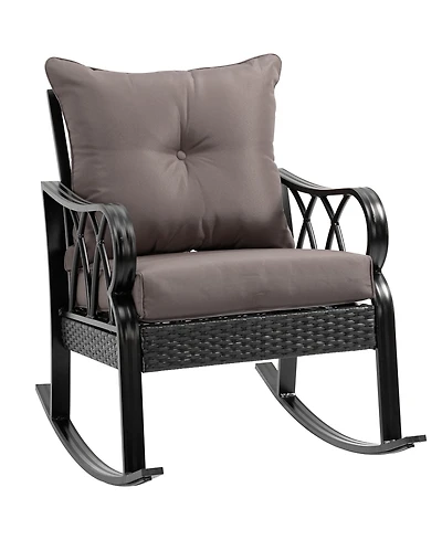 Outsunny Outdoor Wicker Rocking Chair with Padded Cushions, Aluminum Furniture Rattan Porch Rocker Chair w/ Armrest for Garden, Patio, and Backyard, G