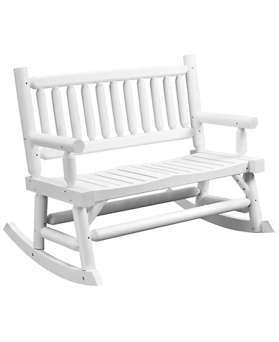 Outsunny 2-Person Wood Rocking Chair with Log Design, Heavy Duty Loveseat with Wide Curved Seats for Patio, Backyard, Garden, White