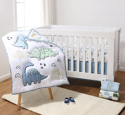 The Peanutshell Blue Dino 5 Piece Crib Bedding Set for Baby Boys, Nursery Set with Blanket