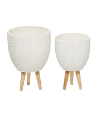 White Ceramic Indoor Outdoor Planter with Wood Legs Set of 2