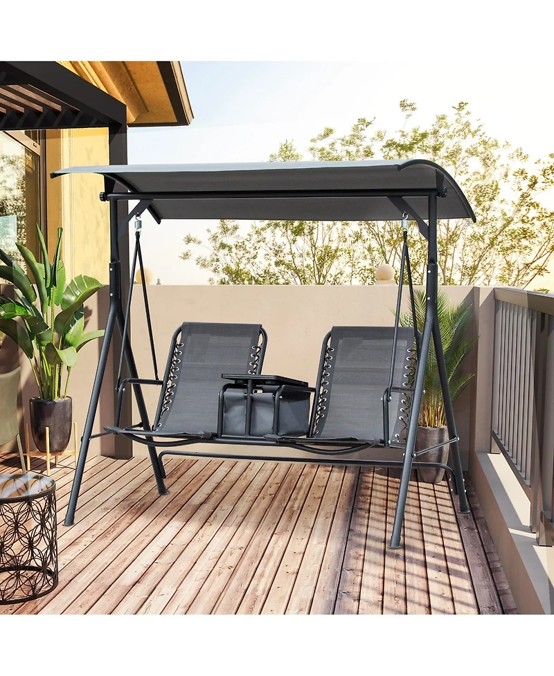 Outsunny 2-Seat Patio Swing Chair, Outdoor Canopy Swing Glider with Pivot Storage Table, Cup Holder, Adjustable Shade, Bungie Seat Suspension and Weat