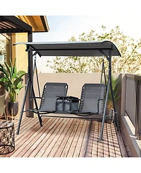 Outsunny 2-Seat Patio Swing Chair, Outdoor Canopy Swing Glider with Pivot Storage Table, Cup Holder, Adjustable Shade, Bungie Seat Suspension and Weat
