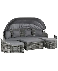 Outsunny 4-Piece Outdoor Rattan Furniture Set, Round Convertible Patio Daybed or Sunbed, Sectional Sofa with Canopy, Pillows, Cushions, Footrest, Tabl