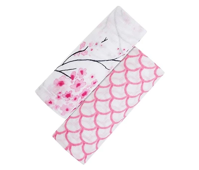 Gots Certified Organic Muslin Swaddle - Two-Pack Gift Set, Sakura (Cherry Blossom + Pink Rainbow)