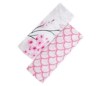 Gots Certified Organic Muslin Swaddle - Two-Pack Gift Set, Sakura (Cherry Blossom + Pink Rainbow)