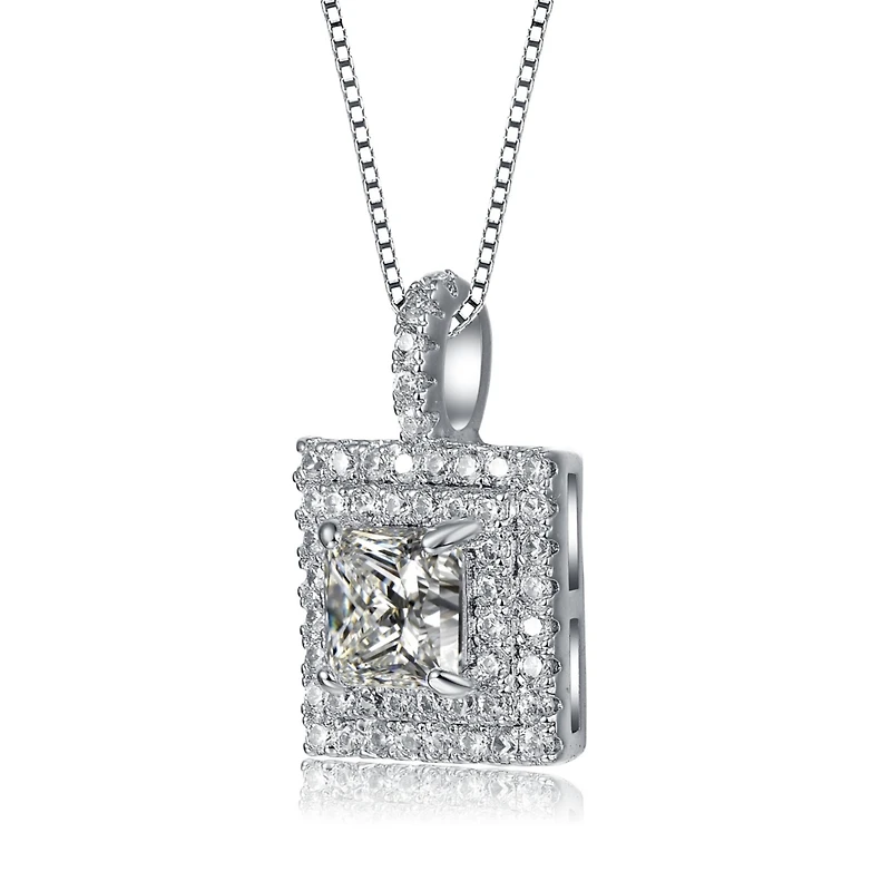 White Gold Plated with Princess Cut Cubic Zirconia Solitaire Double Halo Cluster Pendant Necklace