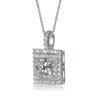 White Gold Plated with Princess Cut Cubic Zirconia Solitaire Double Halo Cluster Pendant Necklace