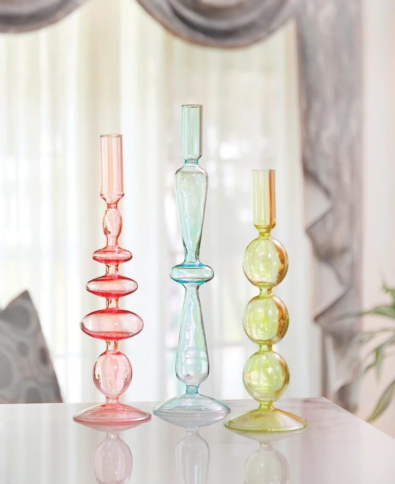 Aurora Glass 3- Piece 9.5", 11", 12" Tall Assorted Color Candlesticks